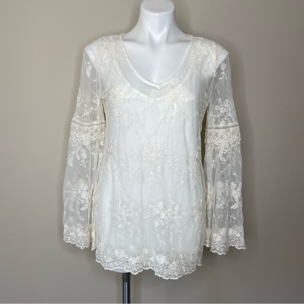 White House Black Market Floral Lace Boho Blouse with Bell Sleeves